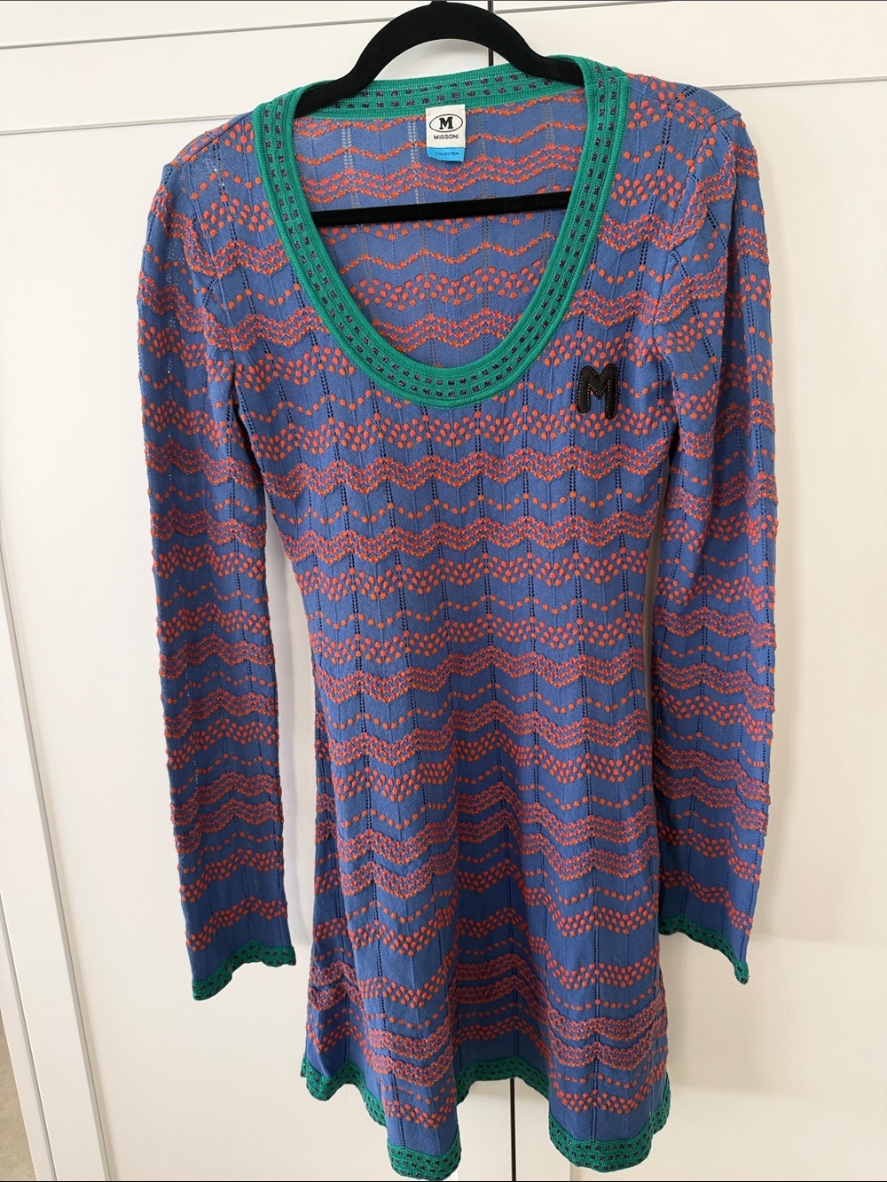 M by Missoni Blue and Pink Knit Long Sleeve Dress with Green Trim